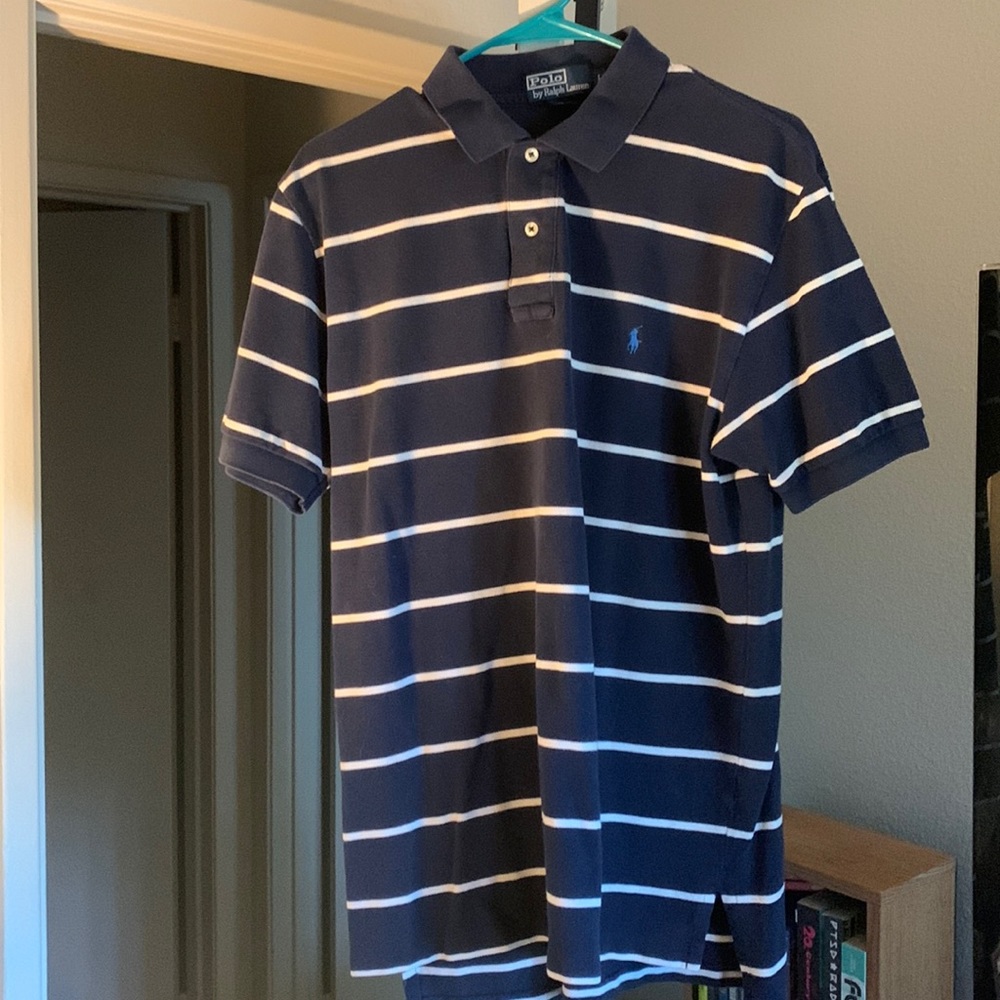 Blue polo shirt with white stripes in good condition. SIZE:LG